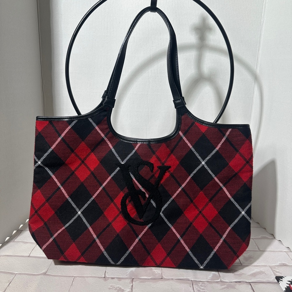 Victoria's Secret Plaid Flannel Tote Bag Black Red White Large Shoulder Bag